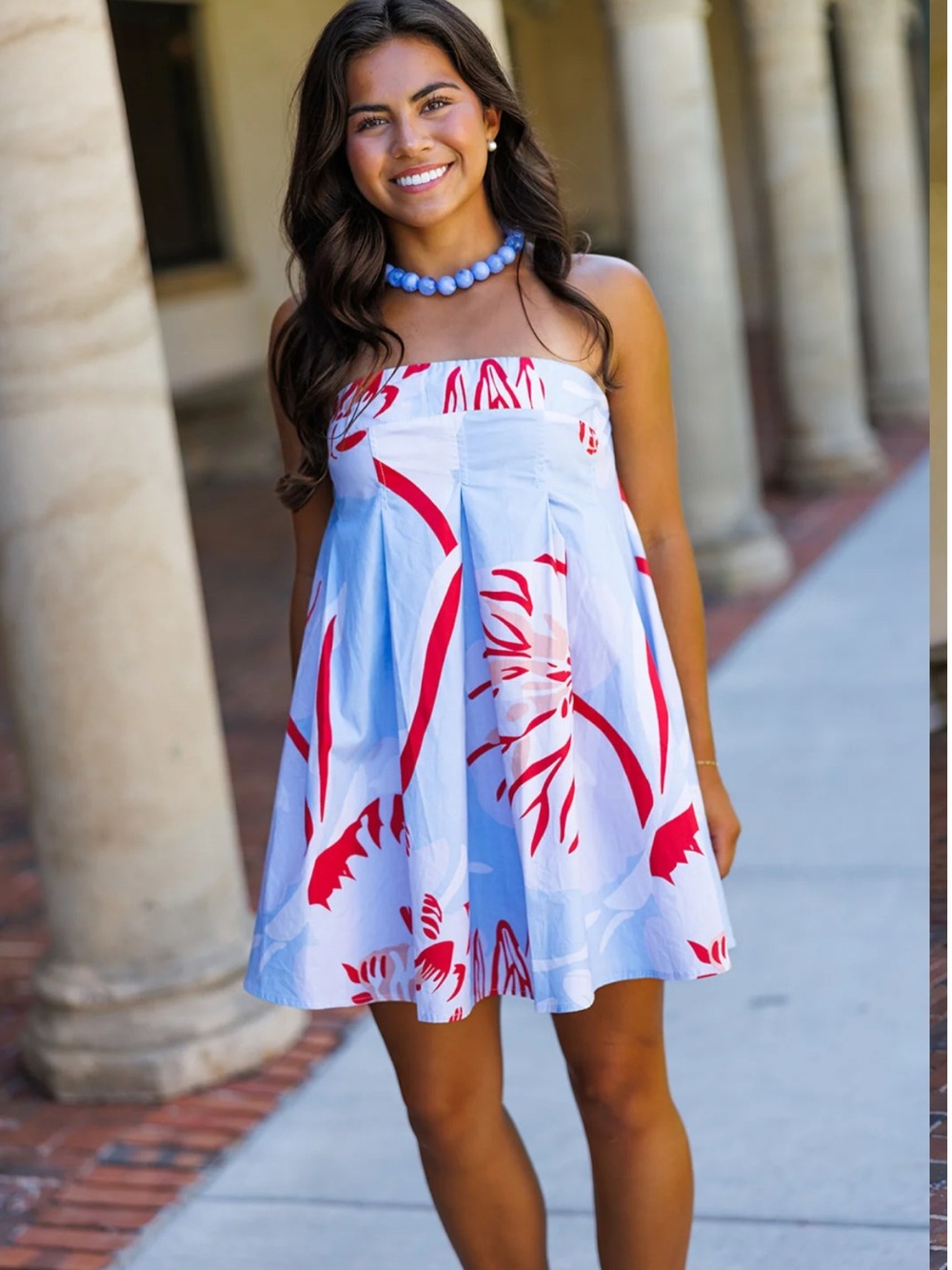 Strapless Blue & Red Floral Mini Dress